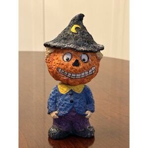 Vintage Halloween Pumpkin Bobble Head Scarecrow Glitter Spooky Whimsical Decor